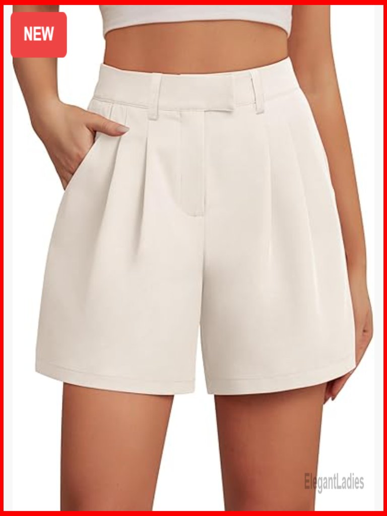 Womens Casual Elastic Waist Wide Leg Dressy Work Shorts With Pockets